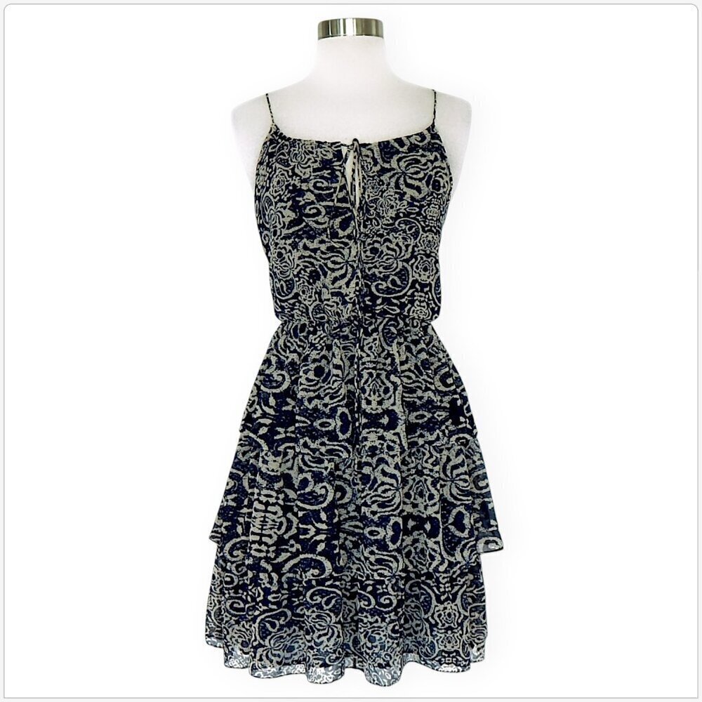 Robbi & Nikki Navy Beige Scroll Batik Tiered Layered Summer Slip Dress Size XS